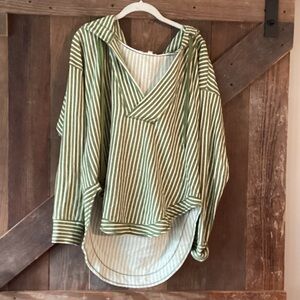 Pilcro Green and White Striped Hooded V-Neck Pullover